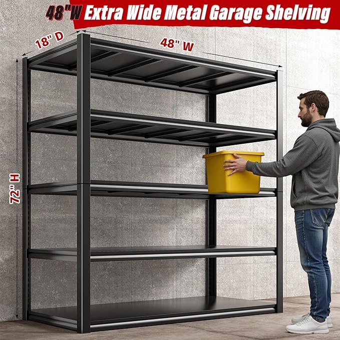 REIBII 48" W Garage Shelving 2500LBS Storage Shelves Adjustable Metal Shelving Heavy Duty Garage Shelves for Warehouse Pantry Basement 48" W x 72" H x 18" D