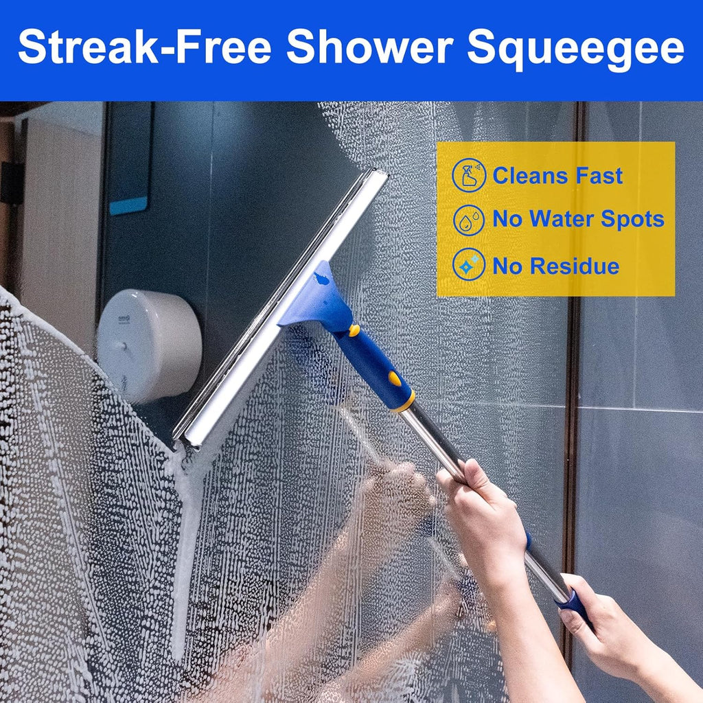 ITTAHO Shower Squeegee for Glass Doors, All-Purpose Extendable Window Squeegee with 2 Blades and Stainless Steel Pole, Window Cleaner Tool for Shower Doors, Windows, Bathroom and Car Windshields