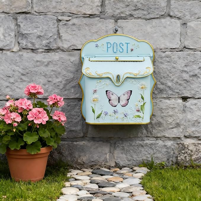 Mailbox Wall Mount Mailboxes for Outside Vintage Mail Boxes for House Outside Metal Drop Box Antique Style Nostalgic Charm Home Decorative Butterfly Blue