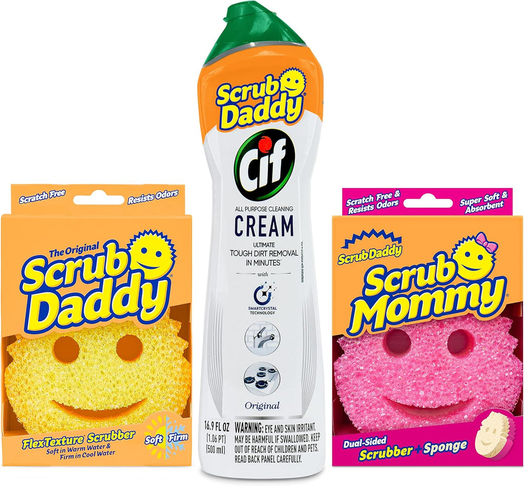 Scrub Daddy Sponges + Scrub Mommy + Cif All Purpose Cleaner, Original - Non Scratch Sponges for Kitchen + Bathroom - Scrubber and Multipurpose Cleaner Cream - Cleaning Supplies Kit