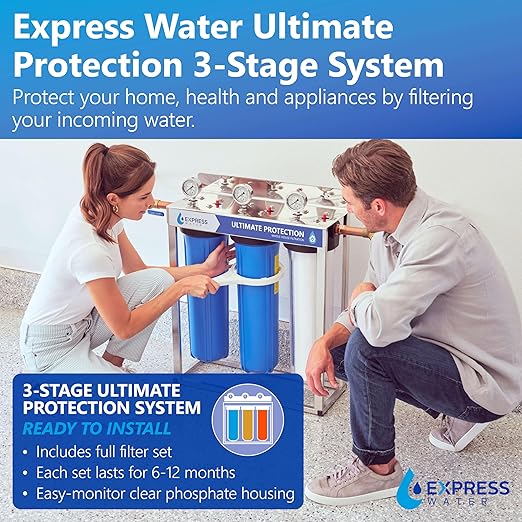 Express Water Whole House Water Filter System | ULTIMATE PROTECTION | 3 Stage Home Filtration, Top Tier Heavy Metal + Anti-Scale Filter, Highly Reduces Scale, Chloramine, Chlorine, PFAs, Lead, Arsenic