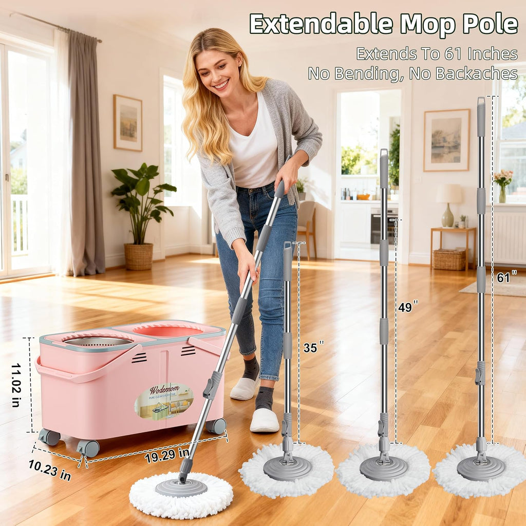 2025 Upgraded Gen 2 Spin Mop and Bucket Set with 4 Swivel Wheels for Easy Rolling, Separates Clean & Dirty Water, Floor Mop with 6 Washable Mop Heads for Wood, Tile, Vinyl, Baseboards - Pink