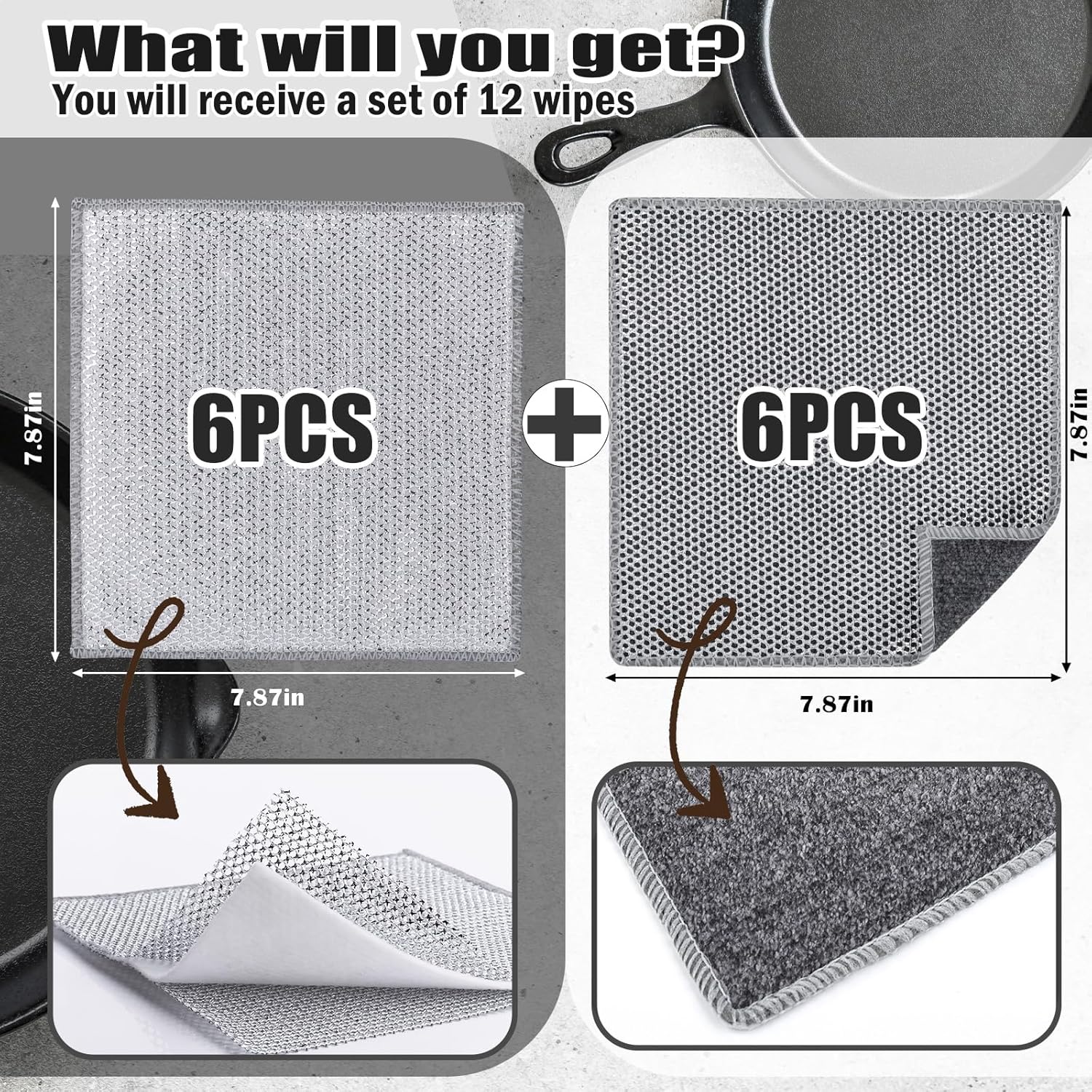 Navona 12Pack Steel Wire Dishcloth, Include 6Pack Triple-Layer Steel Wire Cleaning Cloth, 6Pack Dry and Wet Dual-Use Steel Wire Cleaning Cloth, Powerful Cleaning for Cookware, Sinks, Dishes