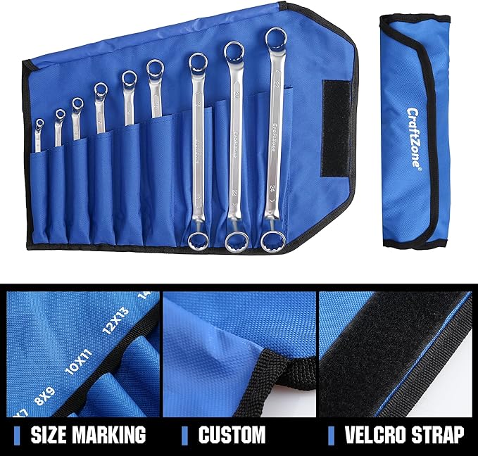 Metric Wrench Set 9 PC 6-24mm Wrench Sets 75-Degree Double Offset Box End Spanner Wrench Set CR-V Steel with Rolling Pouch