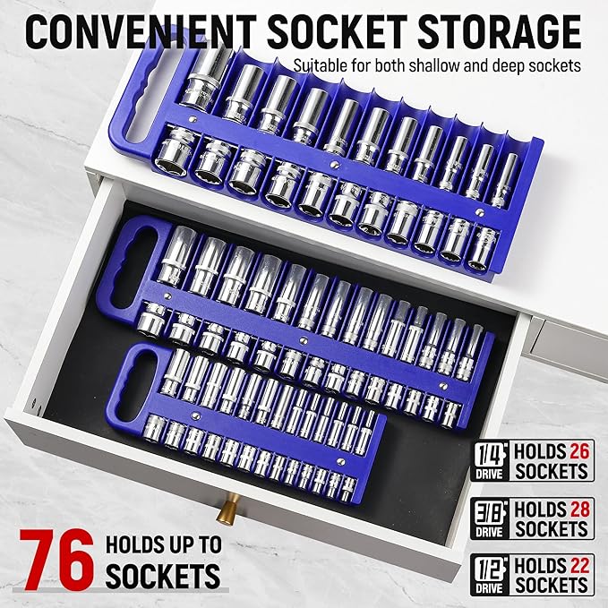 Magnetic Socket Organizer Set, 3-Piece Blue Portable Magnetic Socket Holder Tray, Heavy Duty Socket Racks For 1/2-inch& 3/8-inch& 1/4-inch Drive, Hold 76 Sockets - Fit Shallow&Deep Sockets