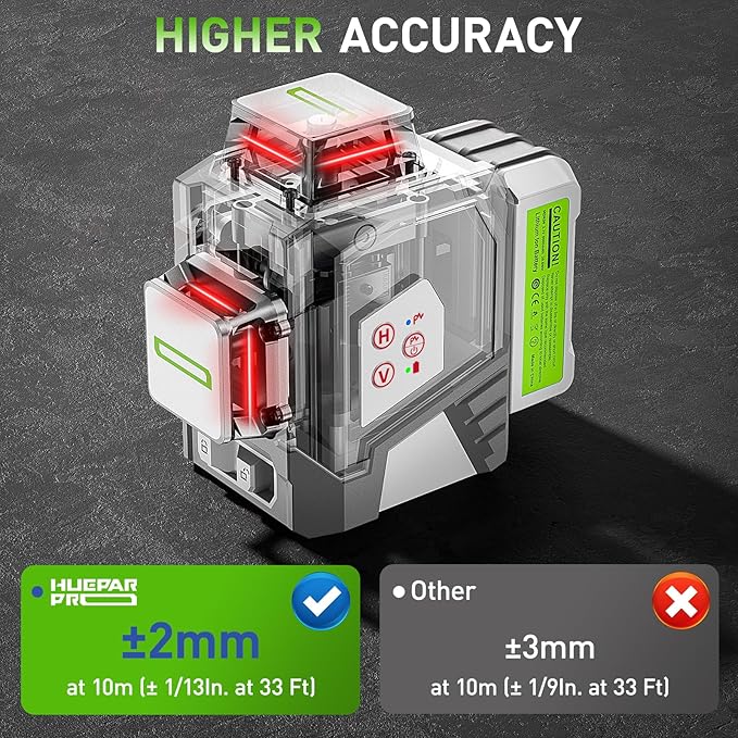 Huepar Pro Laser Level 3 x 360 Self Leveling Red Beam Laser Tool, High Accuracy Professional 3D Cross Line Laser with 8000mAh Rechargeable Li-ion Battery, Magnetic Bracket & Hard Carry Case ZK03CR