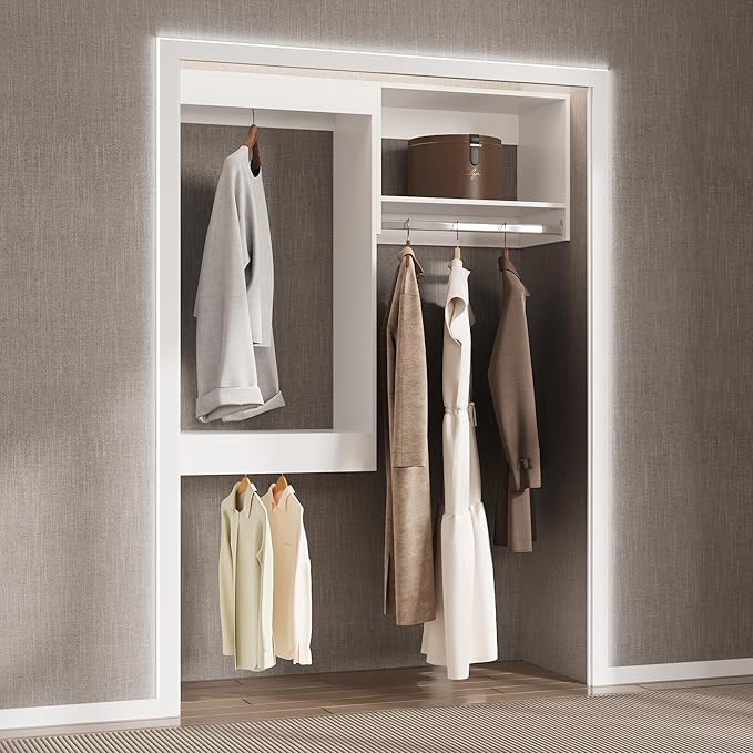 Modular Closet Organizer - 55" White Wood Tower for Walk In Closets, Wall Mounted Wardrobe Organizer Kit