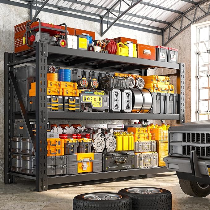 Bepatio 8250LBS Garage Shelving Heavy Duty Storage Shelves Industrial Metal Shelving Adjustable 3-Tier Shelves for Garage, Warehouse Basement Storage Room 24" D × 60" W × 66" H