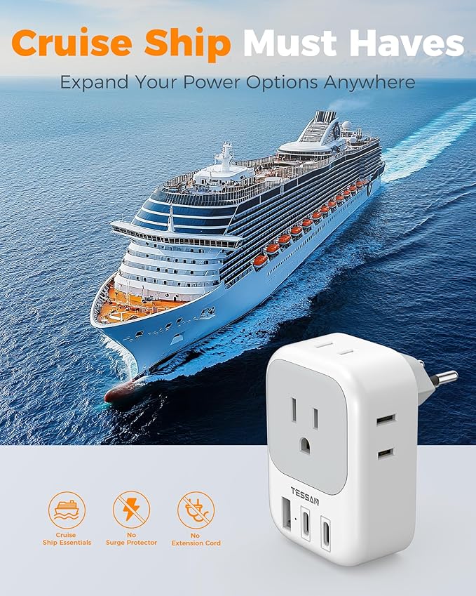 TESSAN Switzerland Travel Plug Adapter, Type J Switzerland Power Adapter with 4 Outlets 3 USB (2 USB-C), Swiss Plug for US to Rwanda Jordan Liechtenstein Madagascar, Travel Essentials