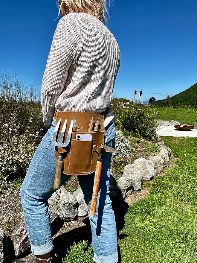 Rubys Collection™ Leather Garden Tool Belt- Gardening holster with pockets & Adjustable Waist Strap. Florist tool belt, Leather Utility Belt & Women’s Garden Tool Pouch