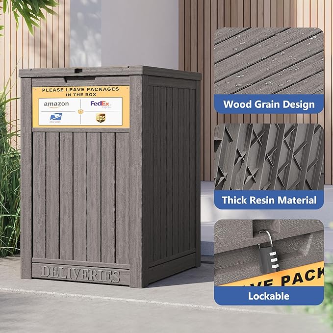 Upgrade 48 Gallon Package Delivery Box for Porch with Sign, Outdoor Storage with Lockable Secure, Large Double Wall Resin Outdoor Package Delivery and Waterproof