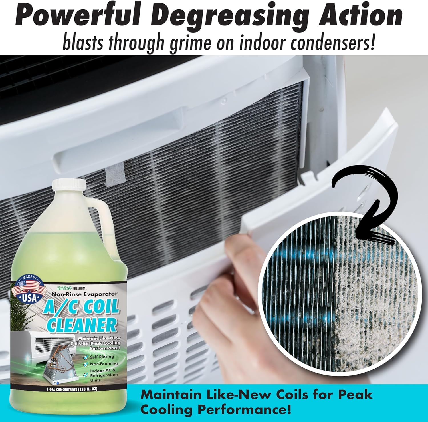 Nature's Freedom AC Coil Cleaner – 1 Gallon No Rinse Coil Cleaner for Air Conditioners, Mini Splits, Heat Pumps & Window Units – Non-Foaming, Metal-Safe Formula