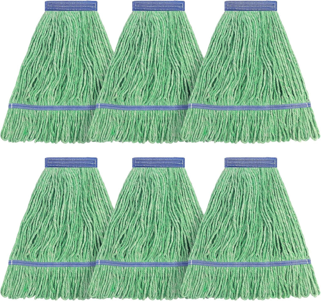 Matthew Cleaning Heavy Duty Mop Head Commercial Replacement for General and Floor Cleaning, Wet Industrial Blue Cotton Looped End String Head Refill (Pack of 6) Green