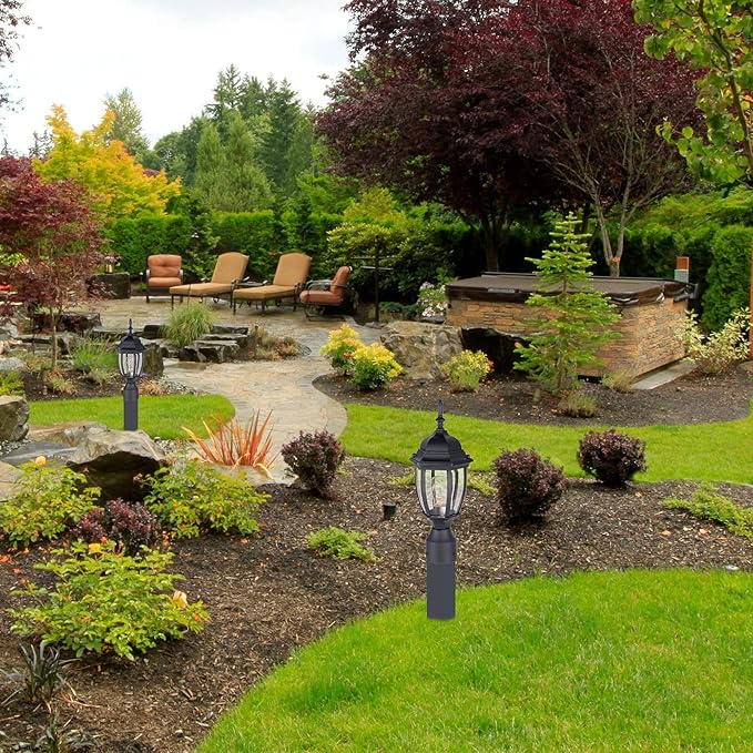 LIT-PaTH Outdoor Post Lighting Fixture Pole Lantern, E26 Medium Base Max 60W, Aluminum Housing Plus Glass, Matte Black Finish, 2-Pack