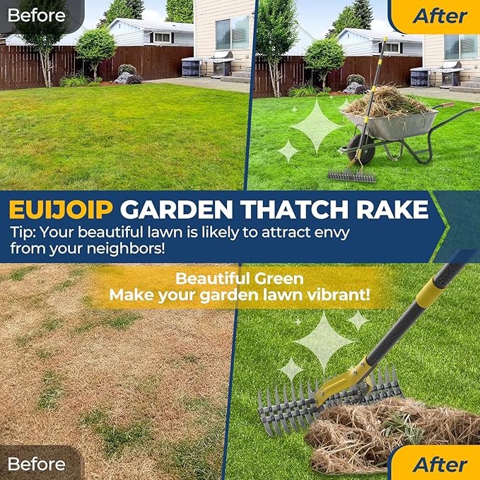 Rake, 51" Heavy Duty Metal Dethatcher Rake with 15" Wide Double-Edged Sharp Tines Thatch Rakes for Lawns,Dead Grass Removal,Soil Loosening,Lawn Care, Dethatching,Yard,Garden