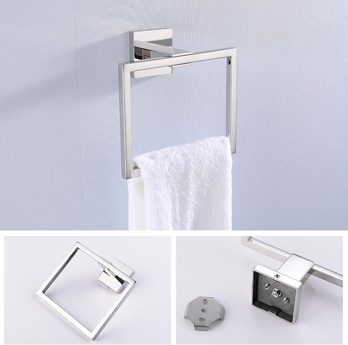 LANC Hand Towel Rings for Bathroom Wall Mount Chrome Polished Square Hand Towel Holder for Lavatory Bathroom Hardware Accessories Stainless Steel Modern Style Shower Towel Towel Racks Hanger, A8896CP