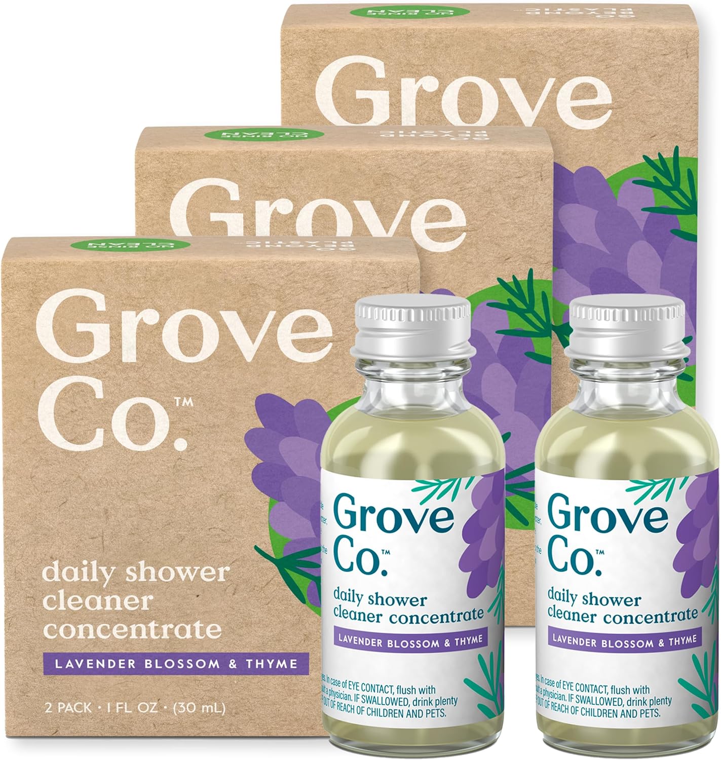 Grove Co. Daily Shower Cleaner Refill Concentrate (6 x 1 Fl Oz), Creates 32 Oz Cleaner, Removes Soap Scum, Scrub-Free, Plant-Based Household Cleaning Supplies, Lavender Blossom & Thyme Fragrance