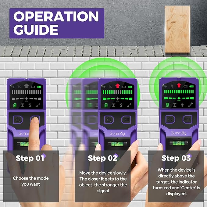 SUNMAY Stud Finder Wall Scanner - 7 in 1 Stud Detector Center Finder for Wood Metal AC Wire Joist Pipe Detection, Electronic Stud Sensor with Laser Level, LCD Display, Bubble Level & Ruler