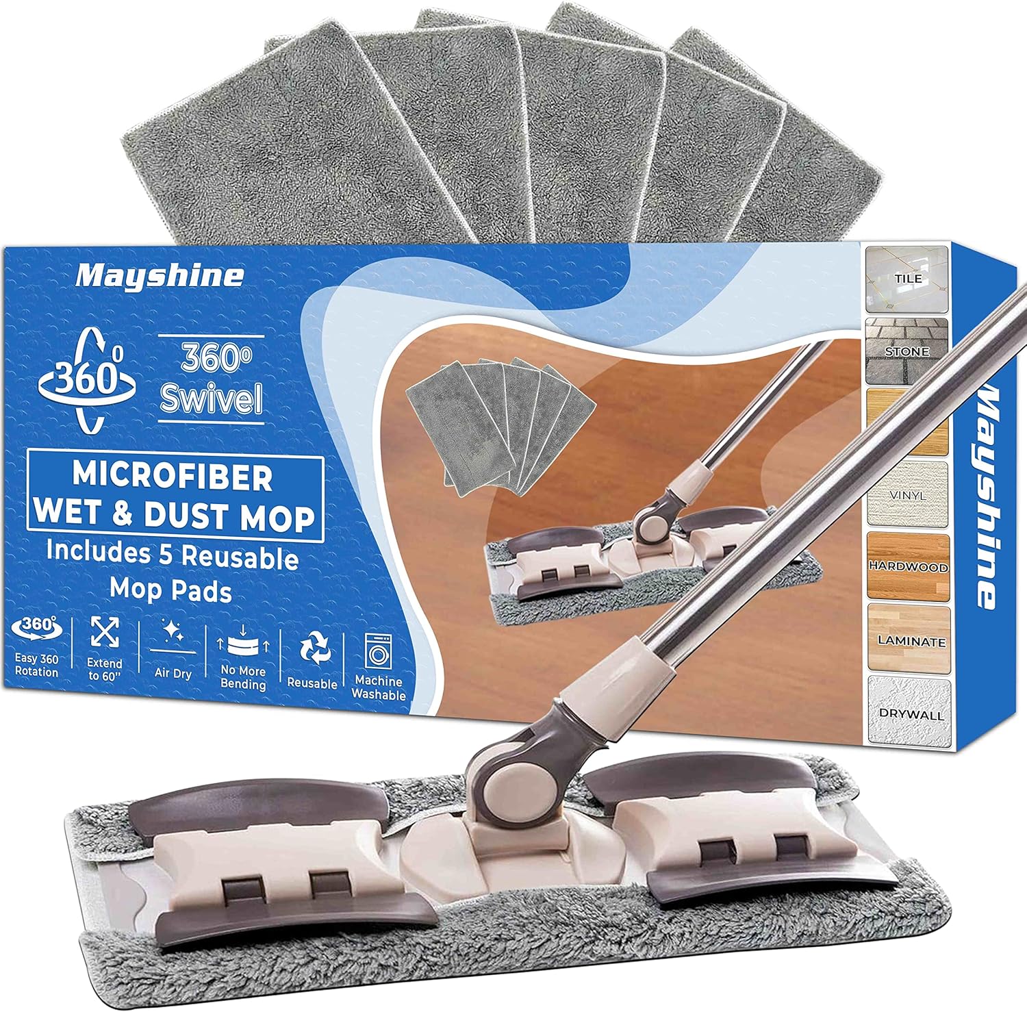MAYSHINE Microfiber Hardwood Floor Wet and Dry Dust Mop w/ 5 Reusable Pads, 360 Spin Mop System | Use on Wood, Tile, Laminate, Vinyl and More | Flat Mop with 60" Extendable Stainless Steel Handle