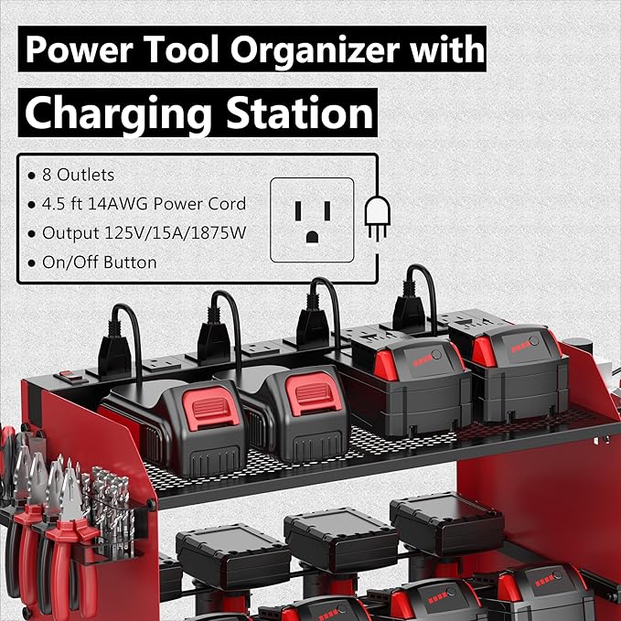 Wall Mount Drill Storage Rack with Charging Station Power Tool Organizer Drill Holder Drill Bit Organizer for Garage Workshop Holds 4 Drills with 8 Outlet Power Strip Christmas Gift(Red)