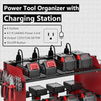 Wall Mount Drill Storage Rack with Charging Station Power Tool Organizer Drill Holder Drill Bit Organizer for Garage Workshop Holds 4 Drills with 8 Outlet Power Strip Christmas Gift(Red)