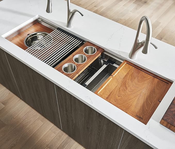 Ruvati 69-inch Undermount Workstation Kitchen Sink – 16 Gauge Stainless Steel Single Bowl with Two-Tiered Ledges & Accessories – RVH8666