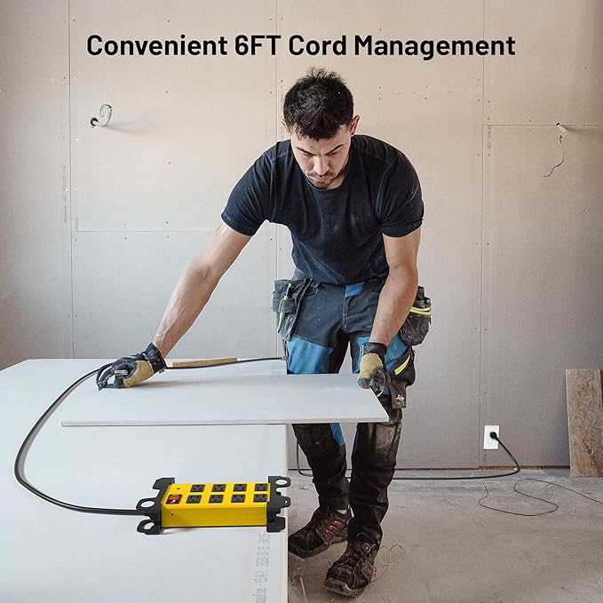 Heavy Duty Power Strip 8 Outlets - Surge Protector 2700J with 6FT Long Extension Cord, Industrial Metal Powerstrip 15Amp, Wall Mount Plug for Garage Workshop Outdoor Home Office, Wide Spaced (6ft)