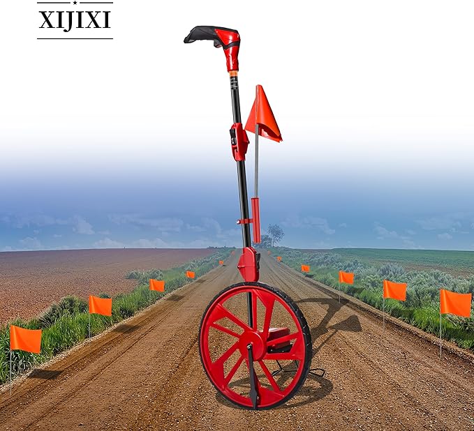 Distance Measuring Wheel in feet,Measure Wheel,Collapsible Rolling Measurement Wheel,12.5”Diameter Wheel,With One key to Zero,Upgrade Flag Holder,With 10 Survey Flags(Red）