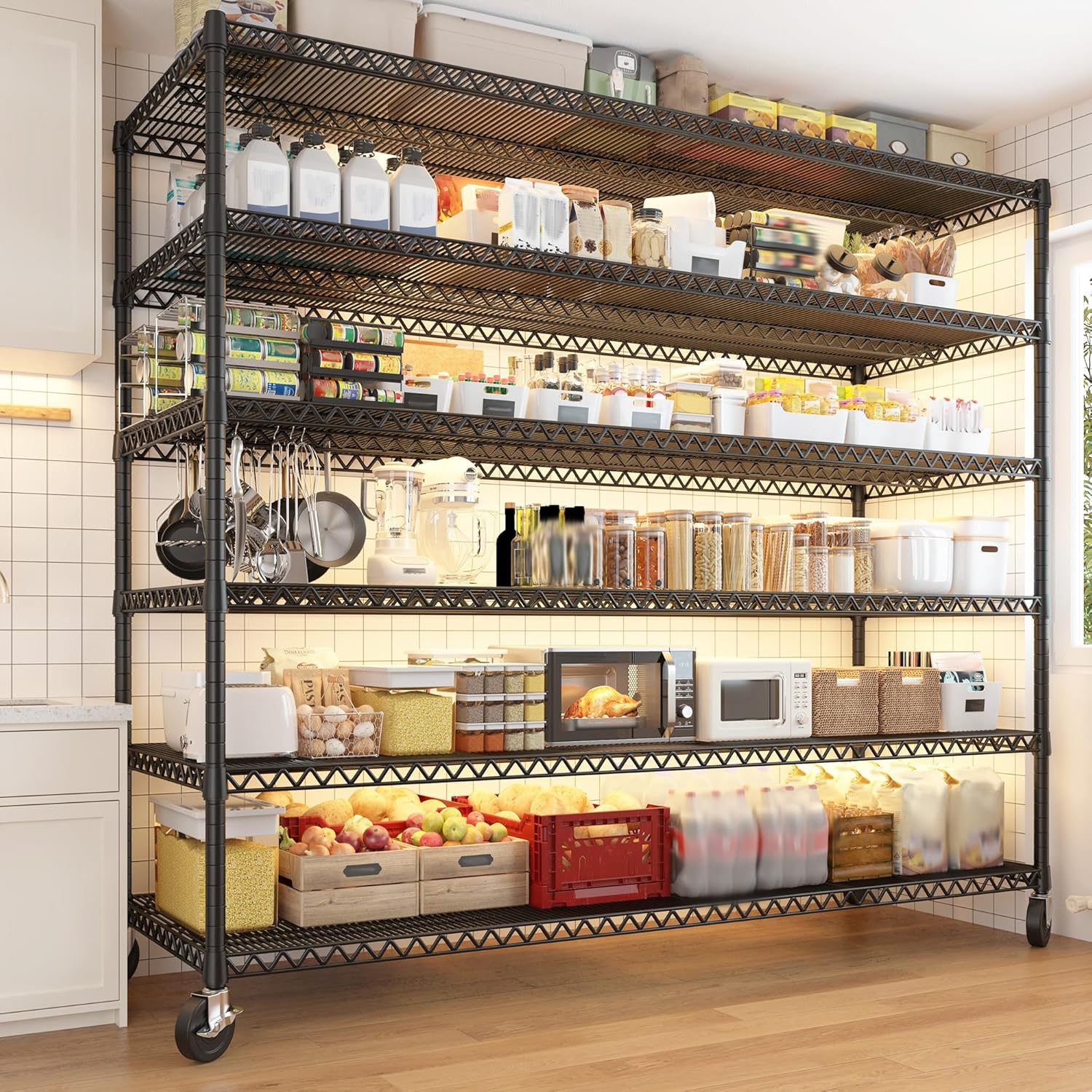 REIBII 60''W X 82.6" H Steel Heavy Duty Wire Shelving Unit with Wheels, 6-Tier Adjustable Storage Shelves 3598LBS Commercial Metal Shelves for Pantry, Garage, College Dorm School Industrial Shelving