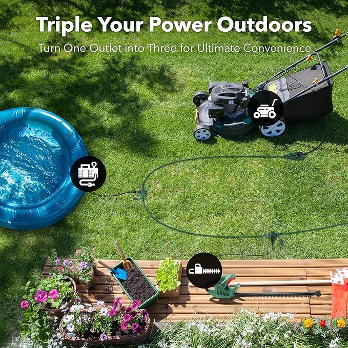 BN-LINK 25 ft Outdoor Extension Cord w/3 Inline Outlets 16/3 Gauge, SJTW Green for Landscaping & Holiday Decorations, Grounded, ETL Listed