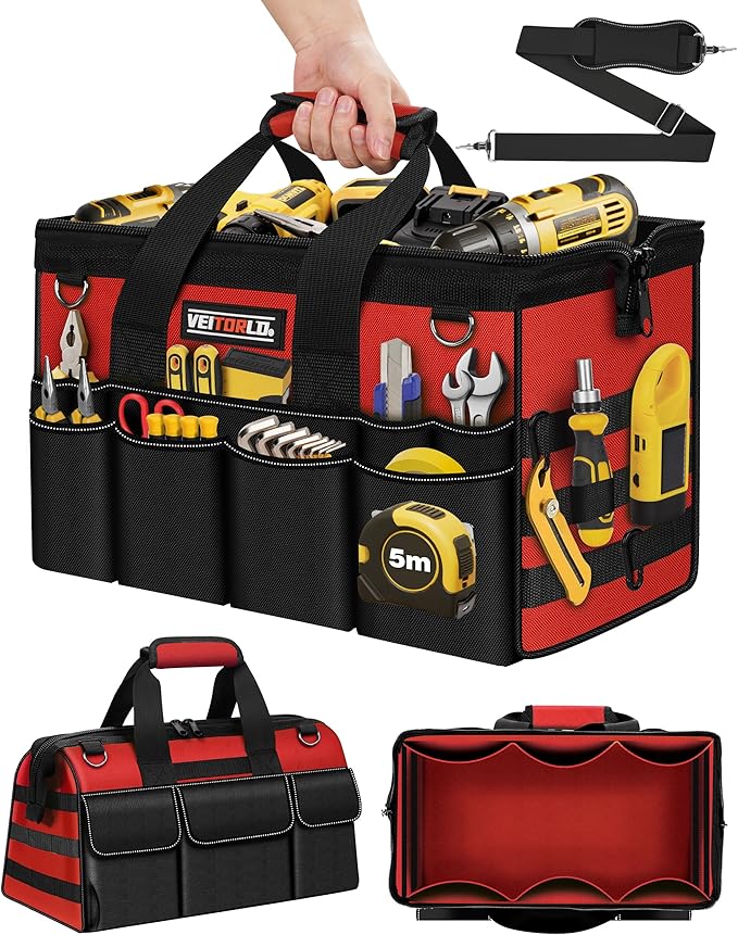 16-Inch Heavy Duty Tool Bag, 19-Pockets Tool Box Organizer, Portable Toolbag W/Soft Handle for Organized Storage, Mechanic Gifts for Men Dad Husband Him Christmas, Wide Mouth Toolbox Organization, Red