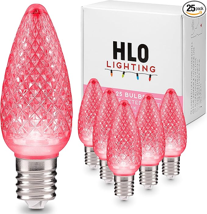 HLO Lighting Set of 25 Pink C9 Faceted LED Christmas Light Bulbs for Indoor & Outdoor Use | Durable Replacement Bulbs