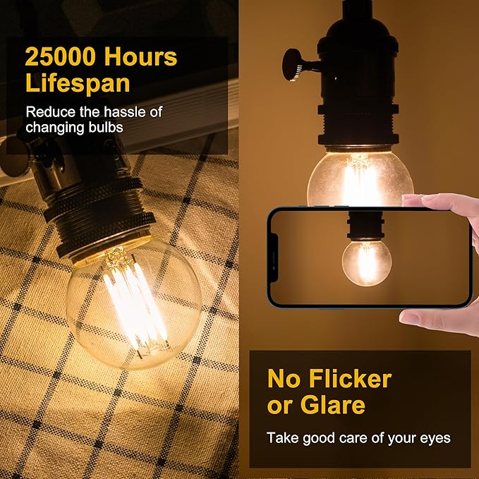 G16.5 Led Bulb, Small Round Edison Light Bulbs, E26 Dimmable Globe Clear Vanity Light Bulbs, 6w 4000k Vintage LED Filament Edison Bulb