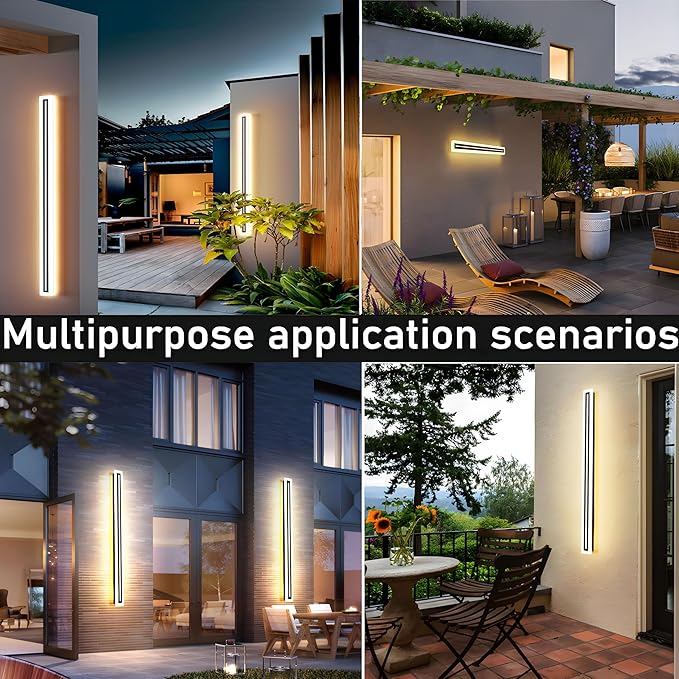 2 PACK-71inch Long Outdoor Modern LED Wall Light,Waterproof IP65 Warm White 110V led Wall Mount Lighting Fixture Rectangular Black Elegant Frosted White Acrylic Anti Rust.