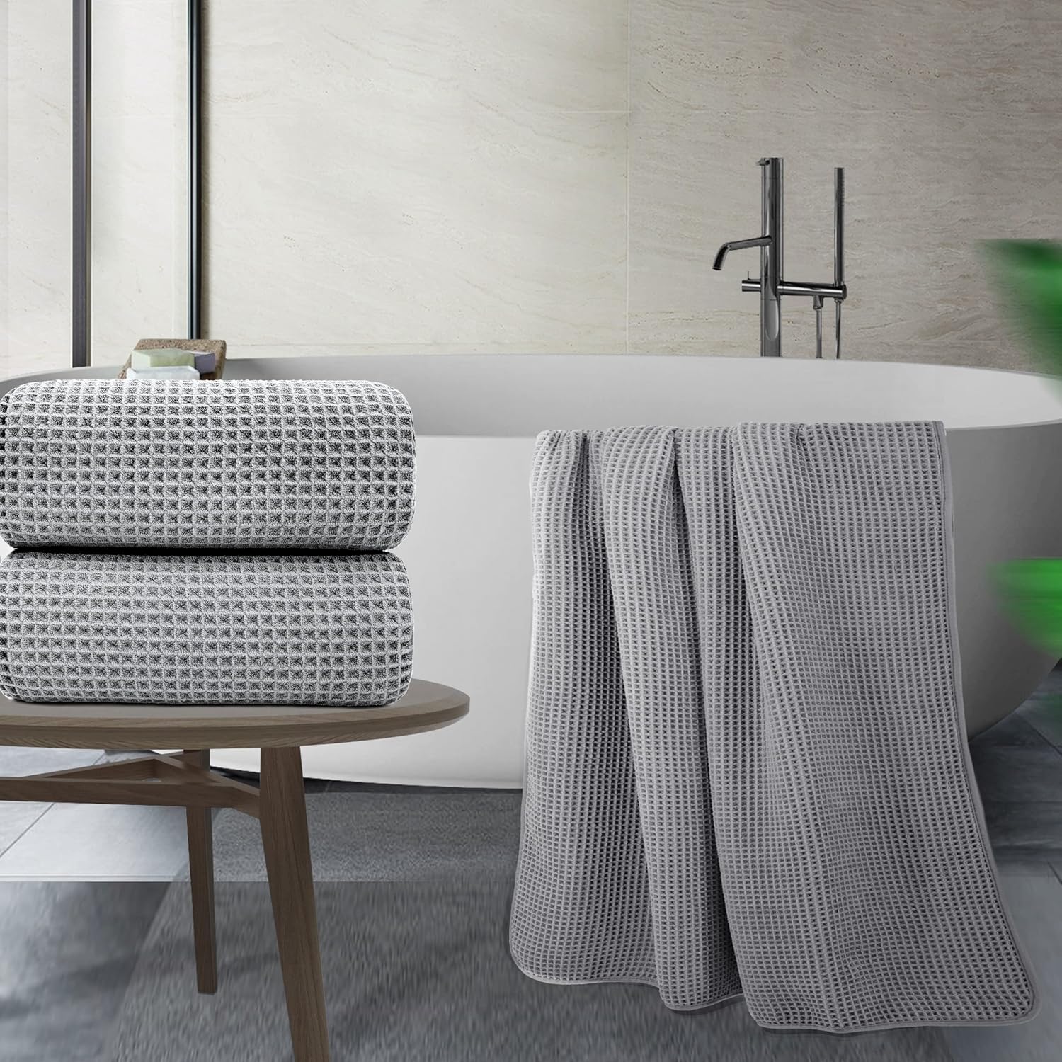 POLYTE Microfiber Quick Dry Lint Free Bath Sheet, 70 x 35 in, Set of 2 (Waffle Weave)