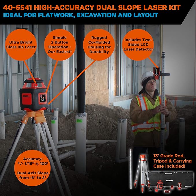 Johnson Level & Tool 40-6541 High Accuracy Dual Slope Rotary Laser System, Red, 1 ‎Kit