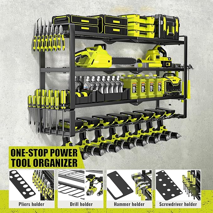 4 Layers Extra Tall Power Tool Organizer Wall Mount Loads 400lbs,Heavy Duty Metal Battery Tool Rack with 8 Cordless Drill Holders,Tool Storage Shelf For Workshop,Garage,Warehouse,Gifts for Men,Husband
