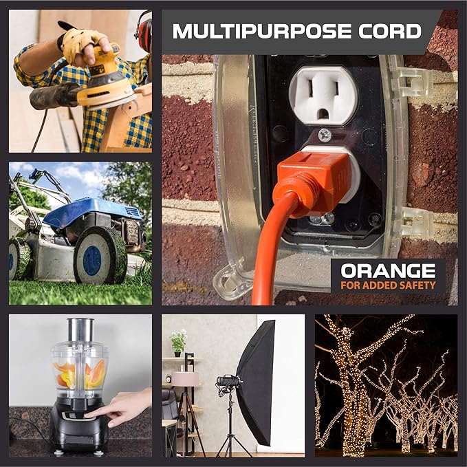 Iron Forge Cable Weatherproof 25 Ft Outdoor Extension Cord - 16/3 SJTW 13 Amp Heavy Duty Highly Visible Orange Extension Cord 3 Prong - Lighted End