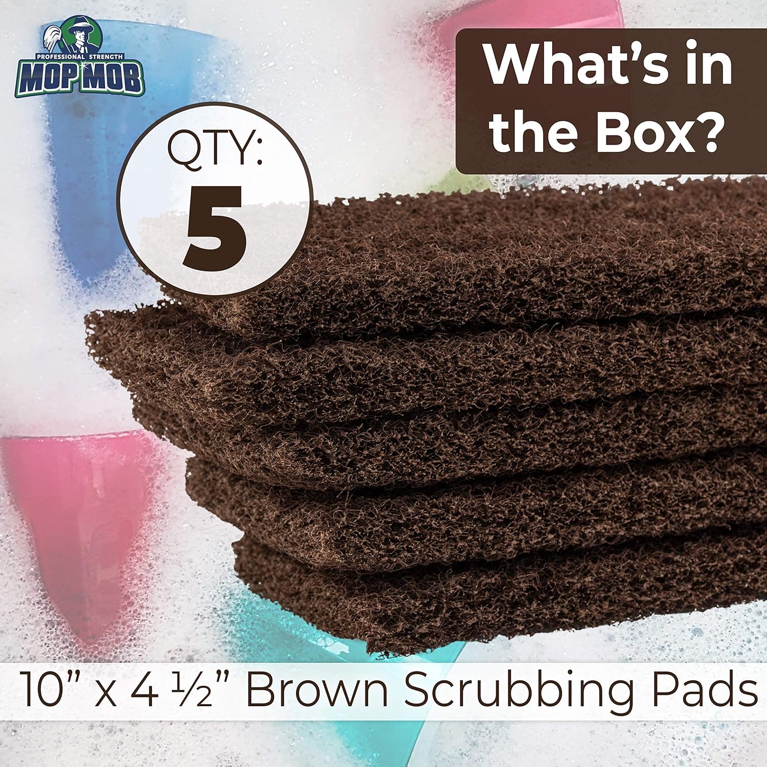 Heavy Duty XL Brown Scouring Pad 5 Pack. 10 x 4.5in Large Multipurpose Nylon Scrubbing Sponges. Clean Bathrooms, Kitchens, Counters and Floors to Erase Grime and Make Surfaces Sparkle
