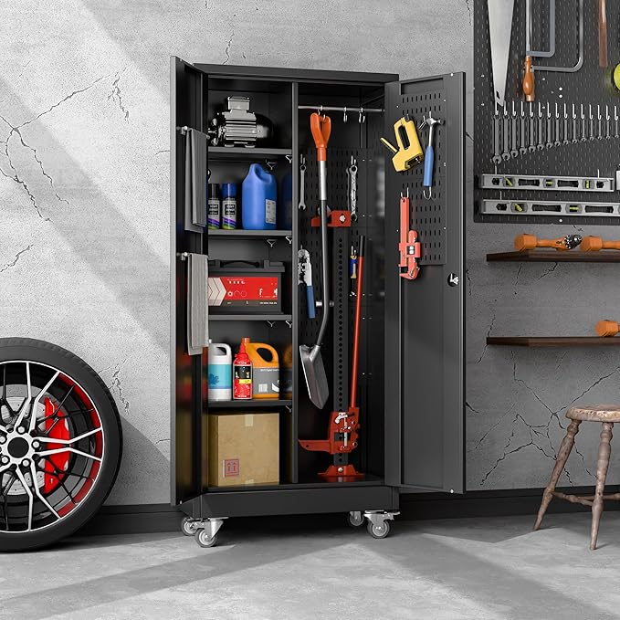 Garage Storage Cabinet with Wheels and 5 Pegboard, Broom Closet Storage Cabinet with Hanging Rod and 13 Hooks, Metal Cabinets with Locking Doors and 4 Shelves, 61.7"H x 27.6"W x 13.8"D,Black