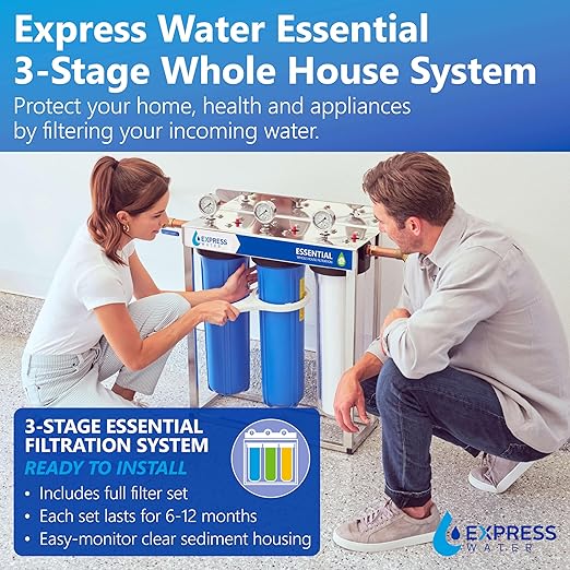 Express Water Whole House Water Filter System | ESSENTIAL | 3 Stage Whole Home Filter, Top-Tier Filters Produce Overachieving H2O, Significantly Reduces Chlorine & Sulfur Smell/Taste, Healtheir Skin