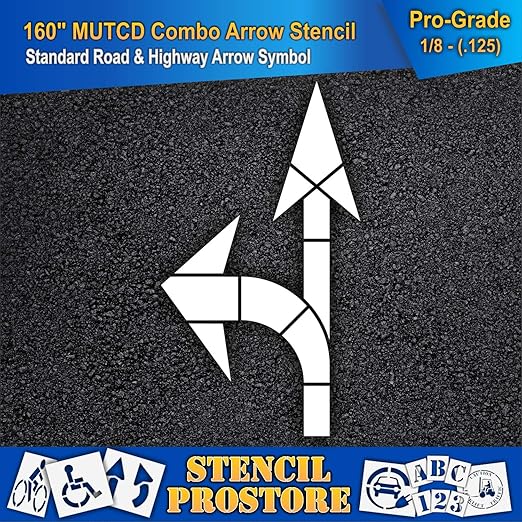 Pavement Stencils - 160 inch - Straight & Turn Combo Arrow KIT for MUTCD, FHWA, Road & HWY DOT - (3 Piece) - 160" x 90" x 1/8" (128 mil) - Pro-Grade
