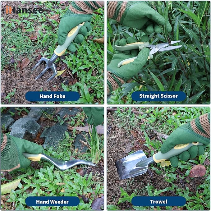 Set of 12 Garden Tool, iHansee Heavy-Duty Aluminum Gardening Hand Tools with Rubber Non-Slip Handle, Garden Apron, Gloves, Kneeling Pad and Storage Bag, Garden Hand Tools Starter Kit Landscaping Tools