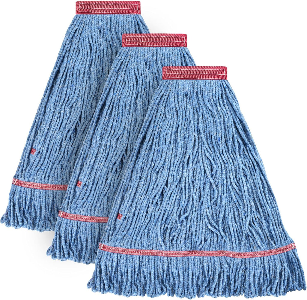 Matthew Cleaning 24oz Heavy Duty Mop Head Commercial Replacement for General and Floor Cleaning, Wet Industrial Blue Cotton Looped End String Head Refill (Pack of 3) Blue