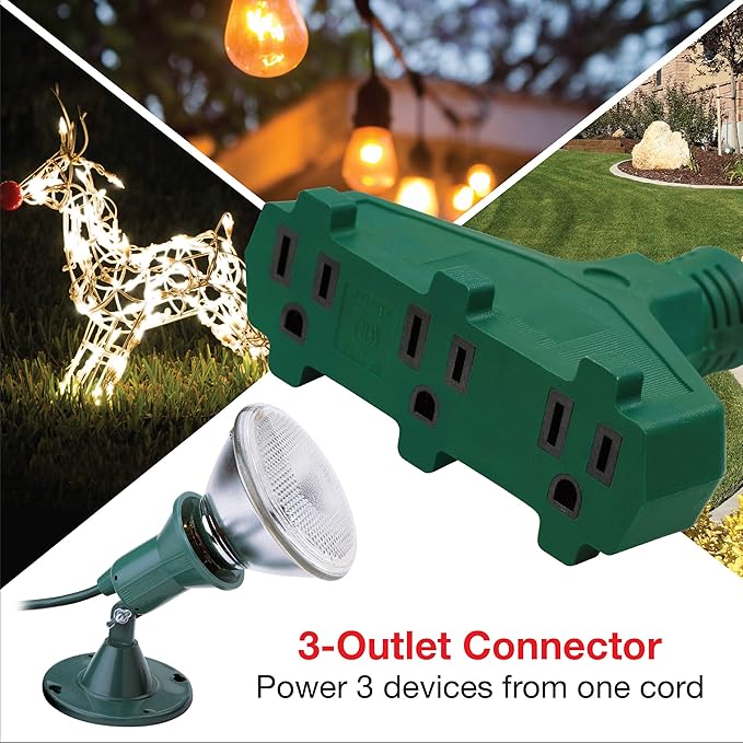 Clear Power 35 ft 3 Outlet Lawn & Garden Outdoor Extension Cord 16/3 SJTW, Green, Water & Weather Resistant, Flame Retardant, 3 Prong Grounded Plug, CP10194
