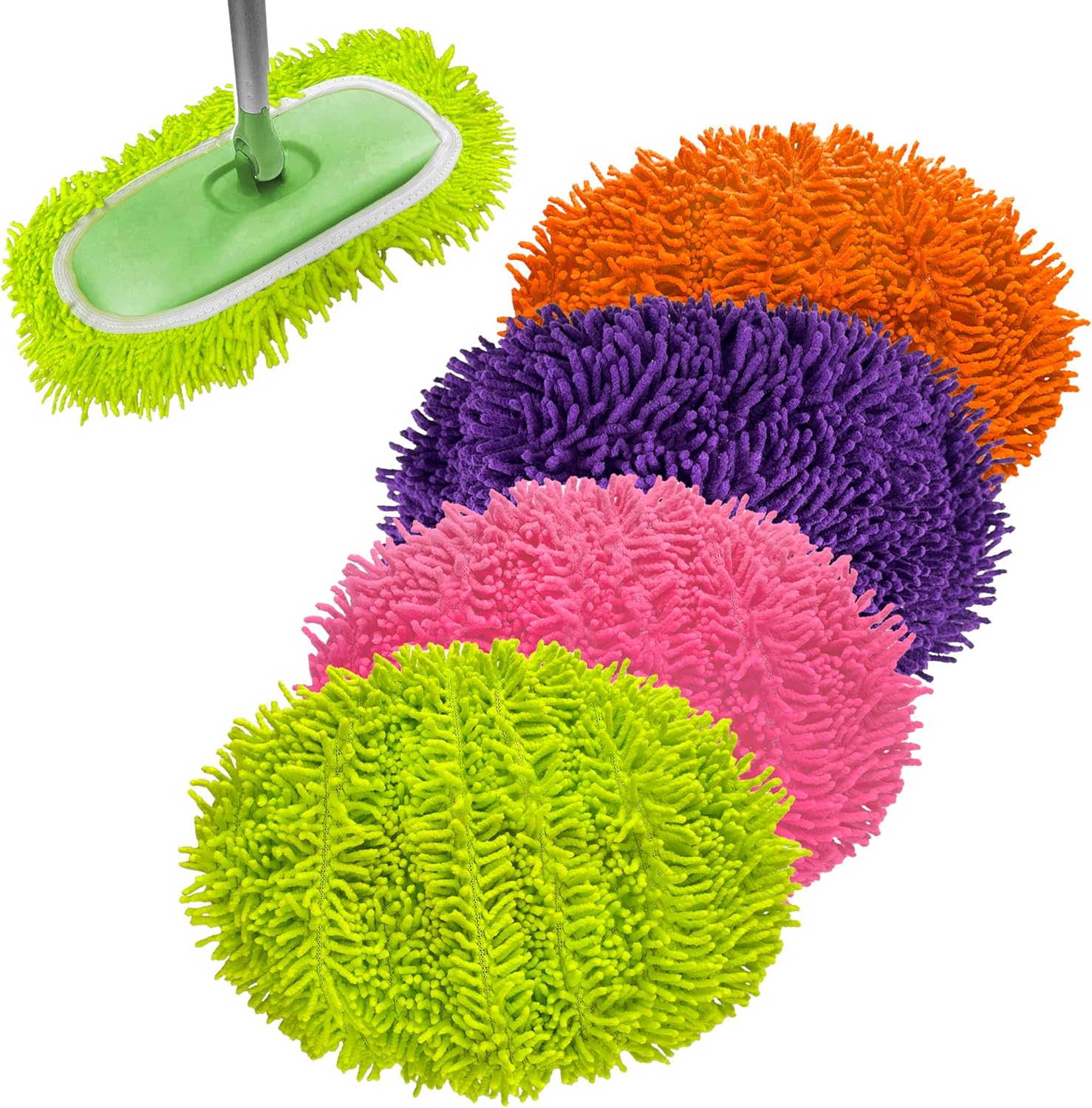 Reusable Microfiber Chenille Mop Pads Compatible with Swiffer Sweeper, Dry Sweeping Cloths & Wet Mopping Cloths, Refills for Hardwood Surface Floor Cleaning, 4 Pack (Green+Orange+Purple+Pink)
