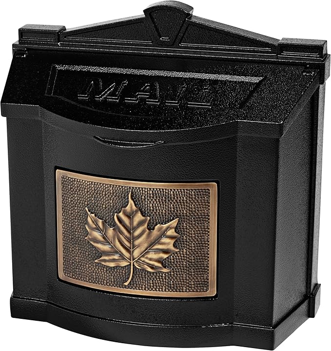 Gaines Wallmount Mailbox - Powder Coated Aluminum with Solid Brass Accents - Mounting Hardware Included (Black with Antique Bronze Leaf)