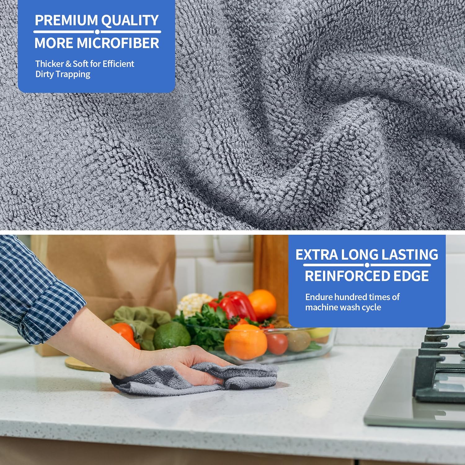 HOMERHYME Microfiber Cleaning Cloth, Premium 8 Pack Cleaning Towels, Lint-Free Streak-Free Ultra Absorbent, 300GSM Reusable Microfiber Towel for Cars Shop Garage Home Kitchen, 12.6" x 12.6" Grey