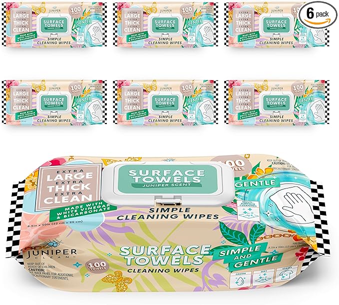 6 Packs Surface Cleaning Wipes Bleach Free, Thick & Large Dispose, All-Purpose Cleaner for Bathroom, Kitchen, Office, 600 Count Soft Flow, Biodegradable, Juniper Scent