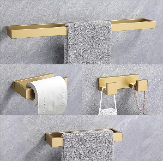 Lairuier Bathroom Hardware Accessories Set, Brushed Gold 4-Piece Bathroom Hardware Set Including Towel Bar,Towel Holder, Toilet Paper Holder, Towel Hook, Stainless Steel Bath Towel Bar Set